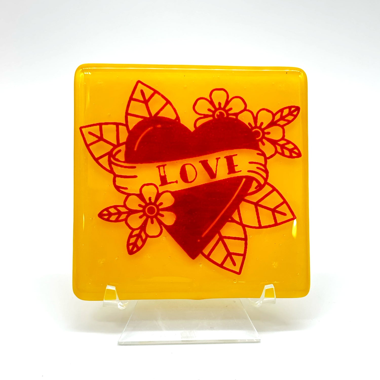 LOVE Tattoo 4" Handmade Fused Glass Bar Coaster