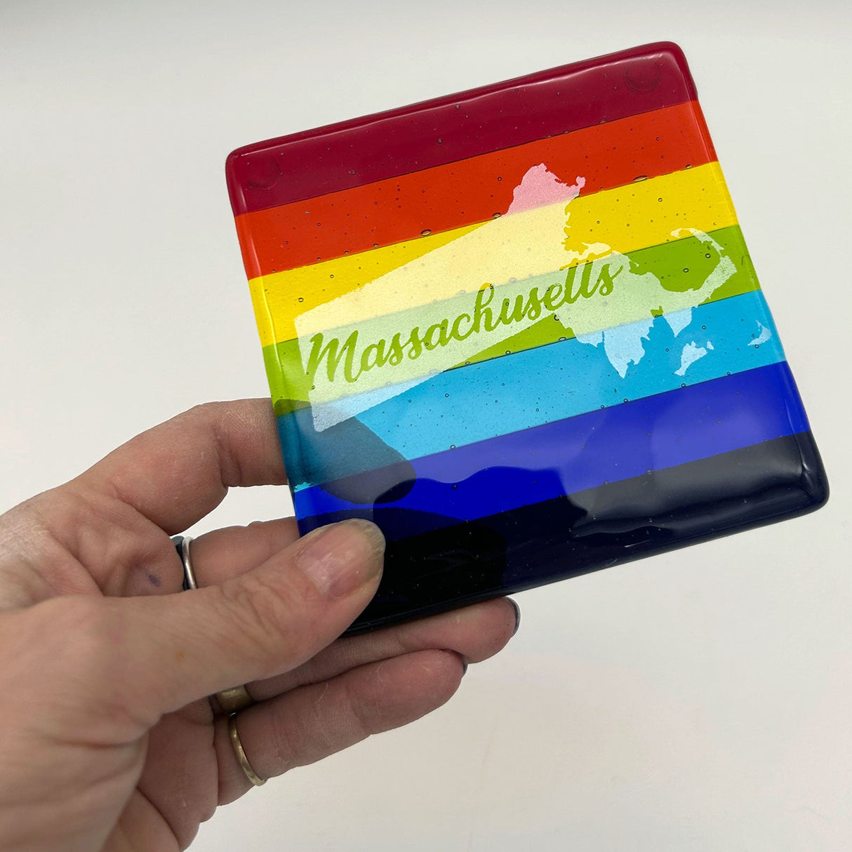 US States Fused Glass 4" Single Coaster - Rainbow Pride or Single Color Background - made to order