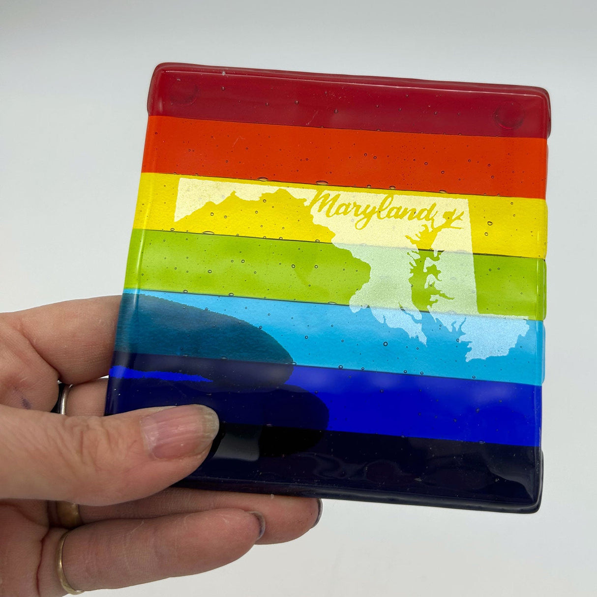 US States Fused Glass 4" Single Coaster - Rainbow Pride or Single Color Background - made to order