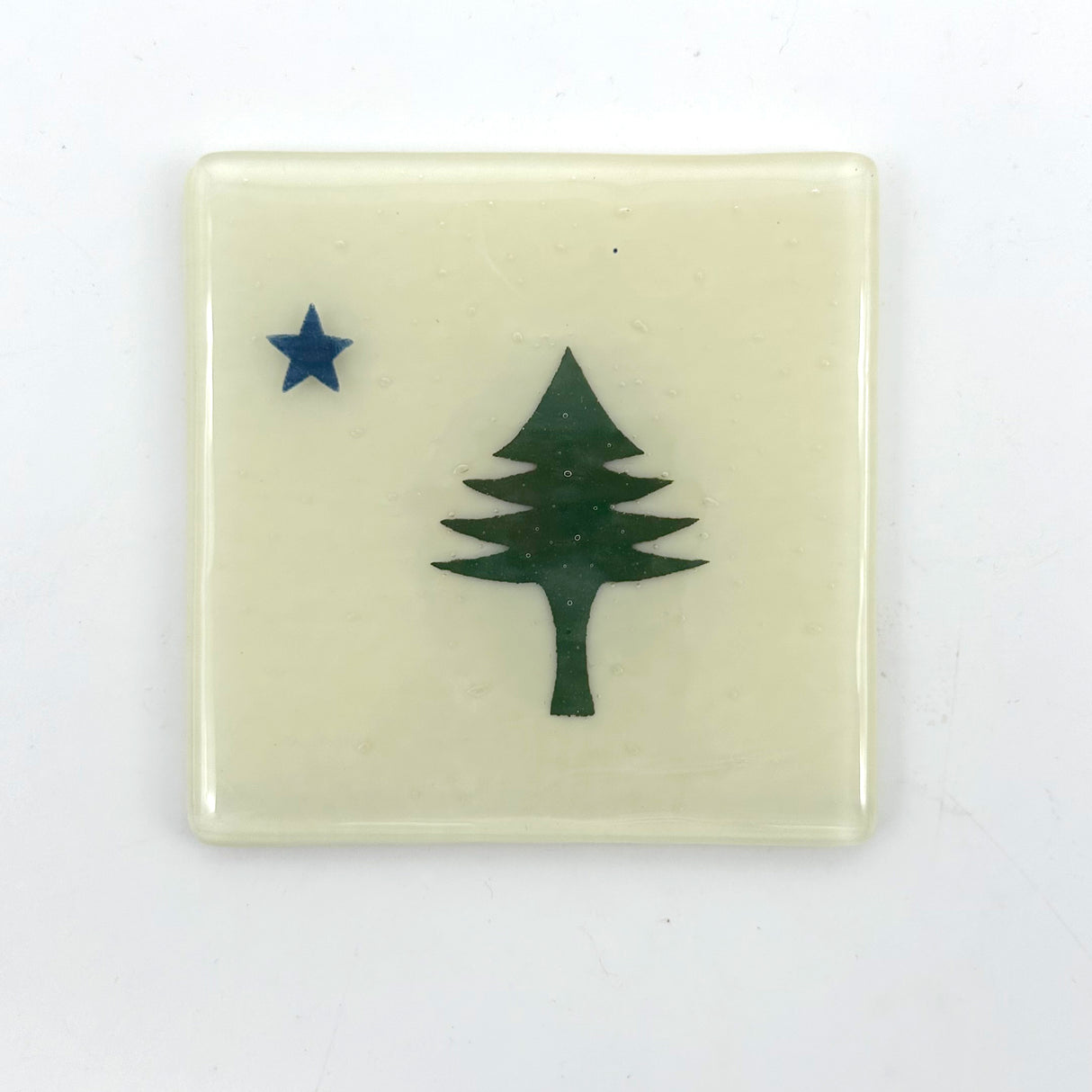 Maine Pine Tree Flag Handmade 4" Fused Glass Coaster