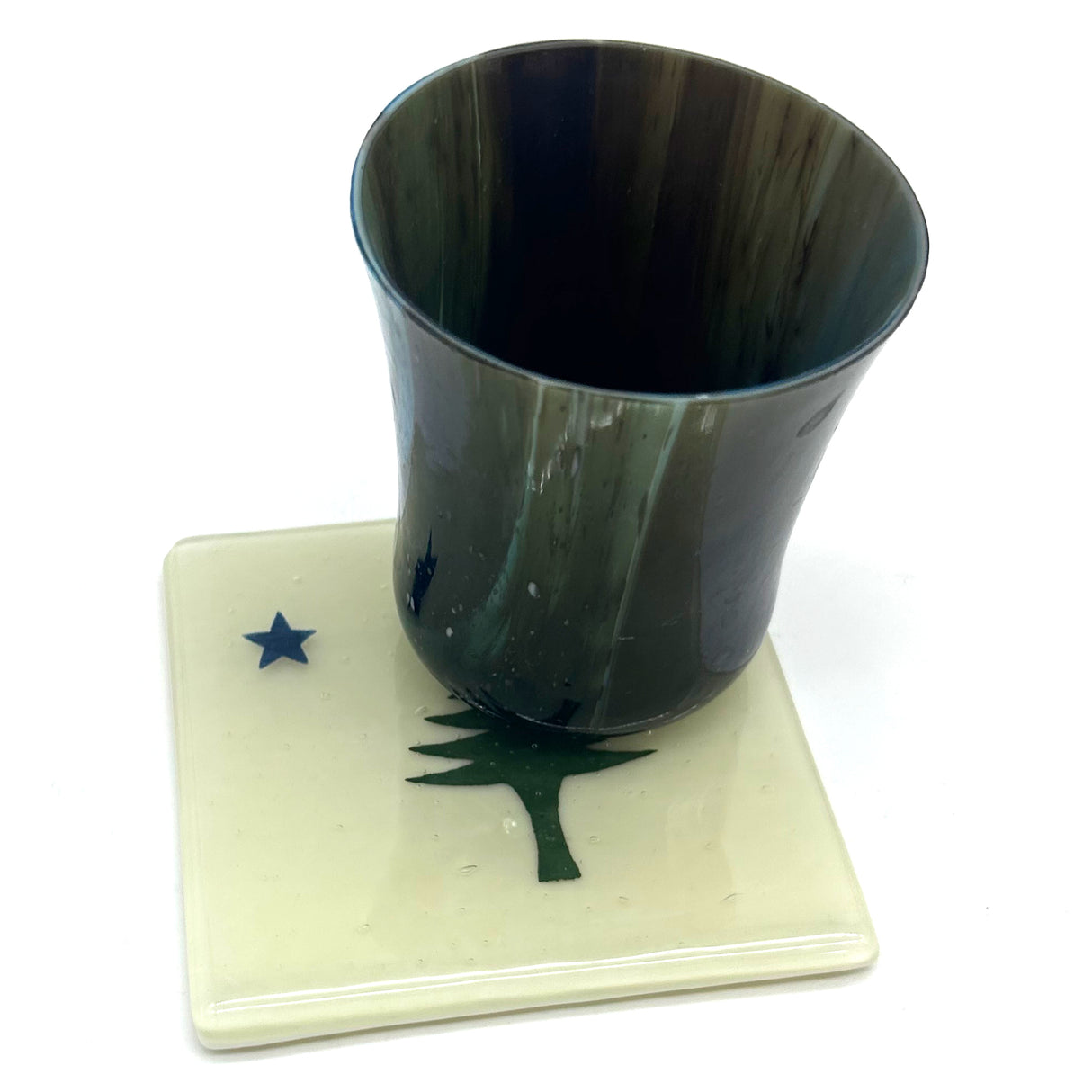 Maine Pine Tree Flag Handmade 4" Fused Glass Coaster