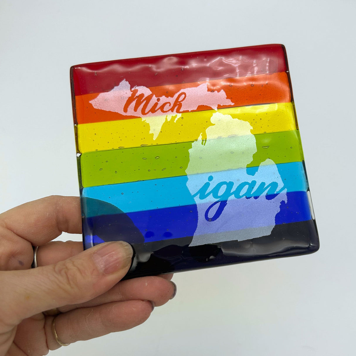 US States Fused Glass 4" Single Coaster - Rainbow Pride or Single Color Background - made to order