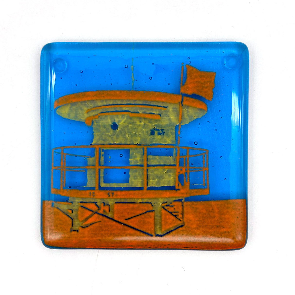 Miami Beach Beach Cabana Fused Glass 4" Single Coaster - made to order