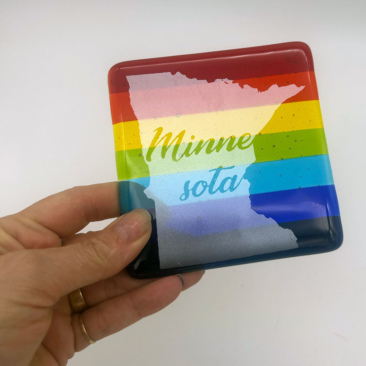 US States Fused Glass 4" Single Coaster - Rainbow Pride or Single Color Background - made to order
