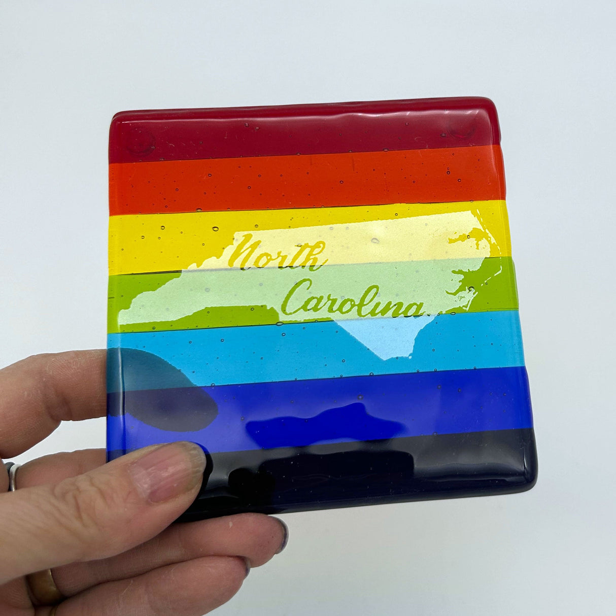 US States Fused Glass 4" Single Coaster - Rainbow Pride or Single Color Background - made to order