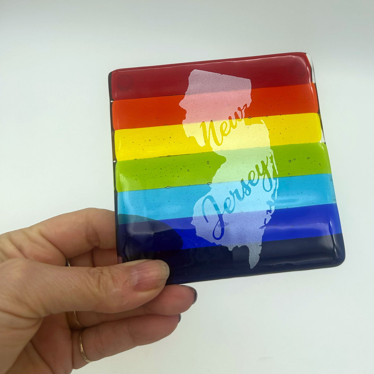 US States Fused Glass 4" Single Coaster - Rainbow Pride or Single Color Background - made to order