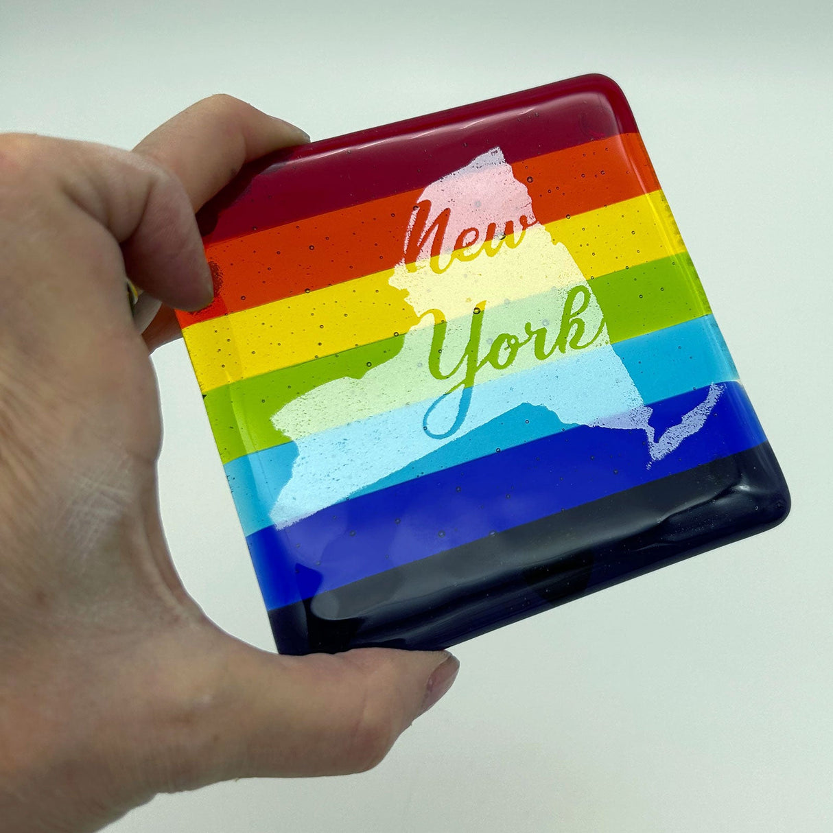 US States Fused Glass 4" Single Coaster - Rainbow Pride or Single Color Background - made to order