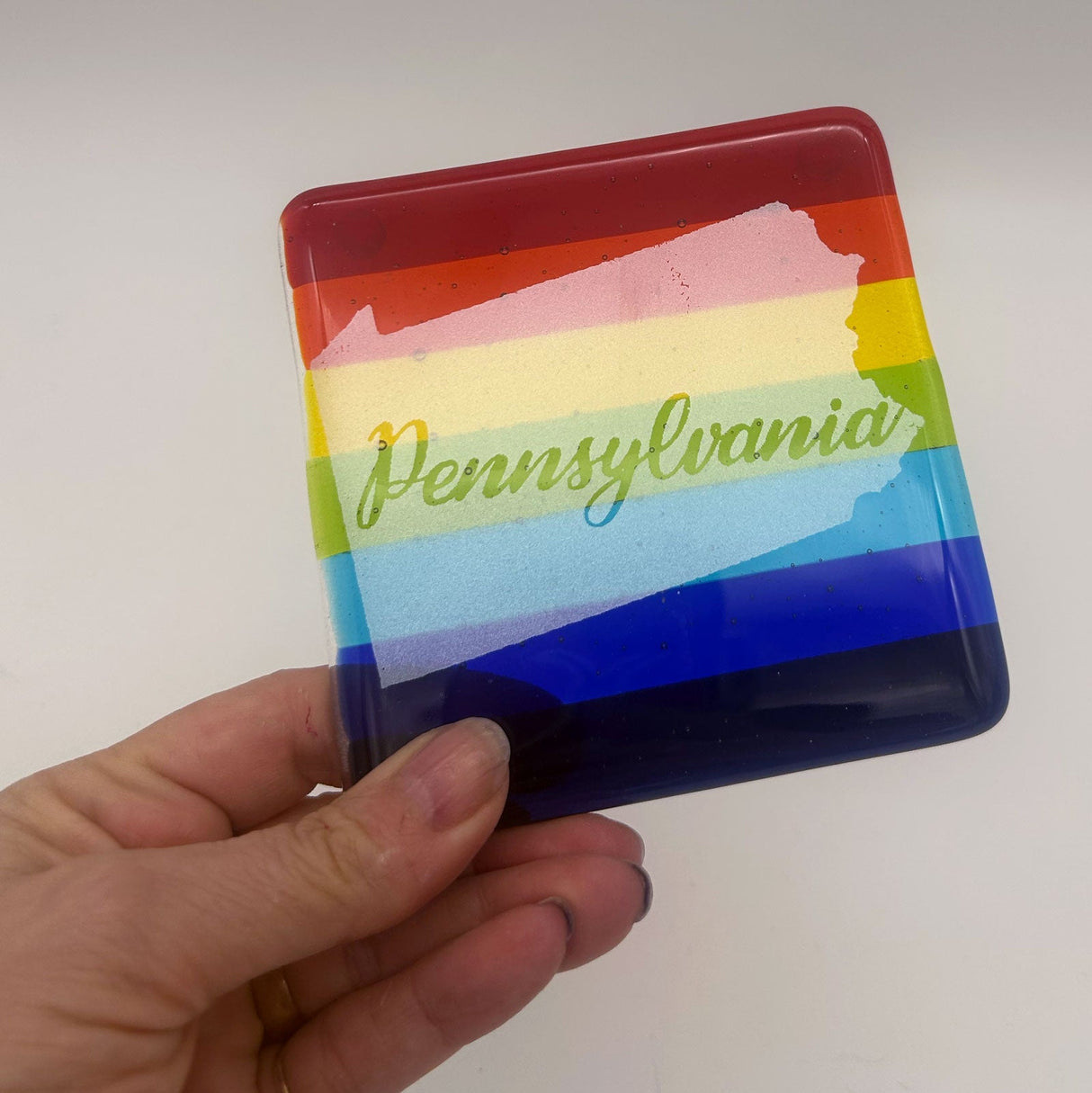 US States Fused Glass 4" Single Coaster - Rainbow Pride or Single Color Background - made to order