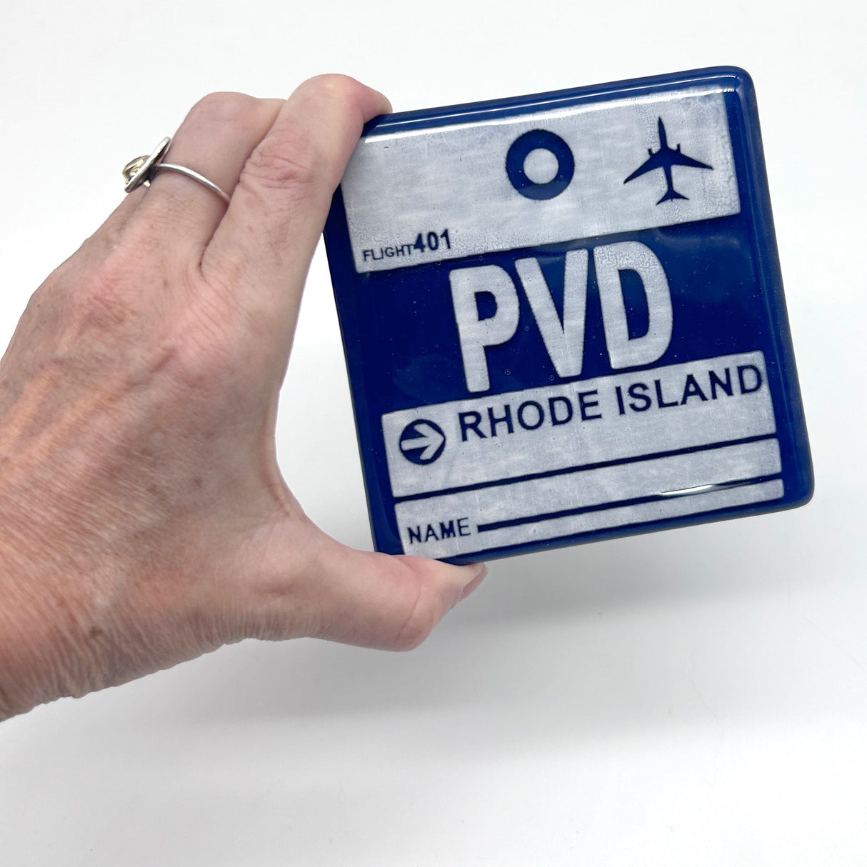 Rhode Island PVD Vintage Luggage Tag 4" Fused Glass Coaster