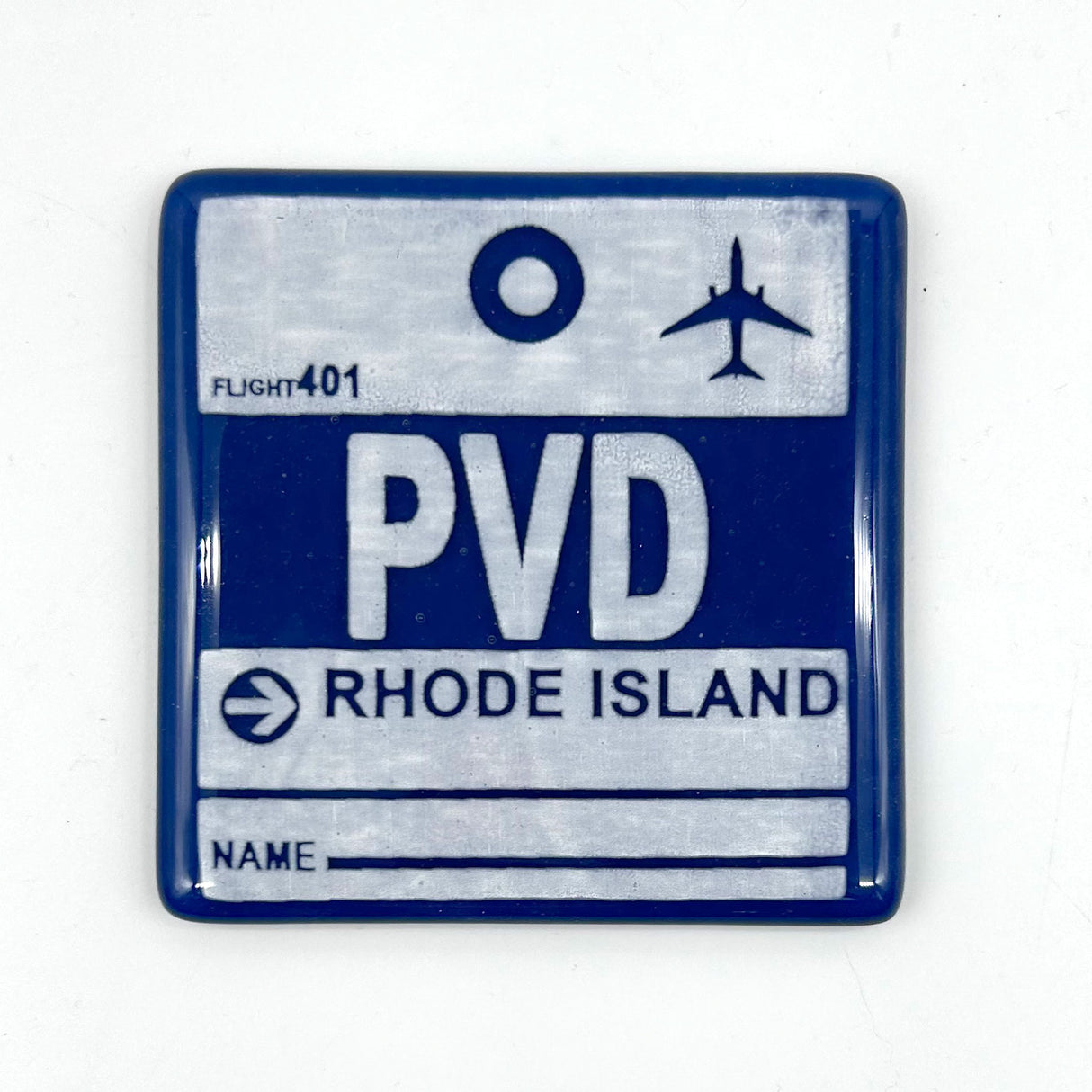 Rhode Island PVD Vintage Luggage Tag 4" Fused Glass Coaster