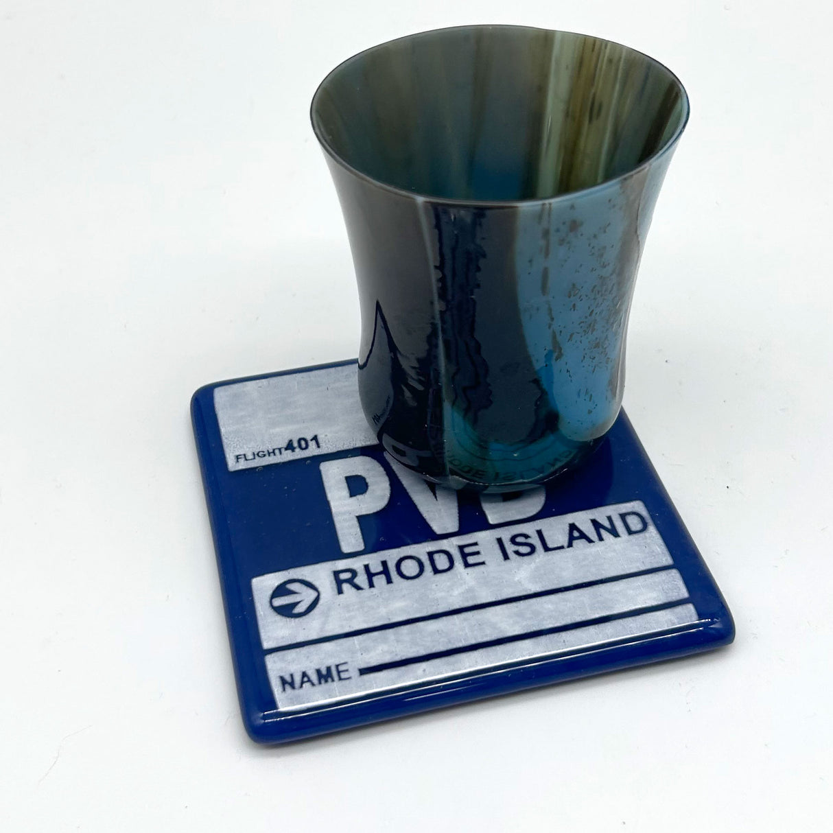 Rhode Island PVD Vintage Luggage Tag 4" Fused Glass Coaster