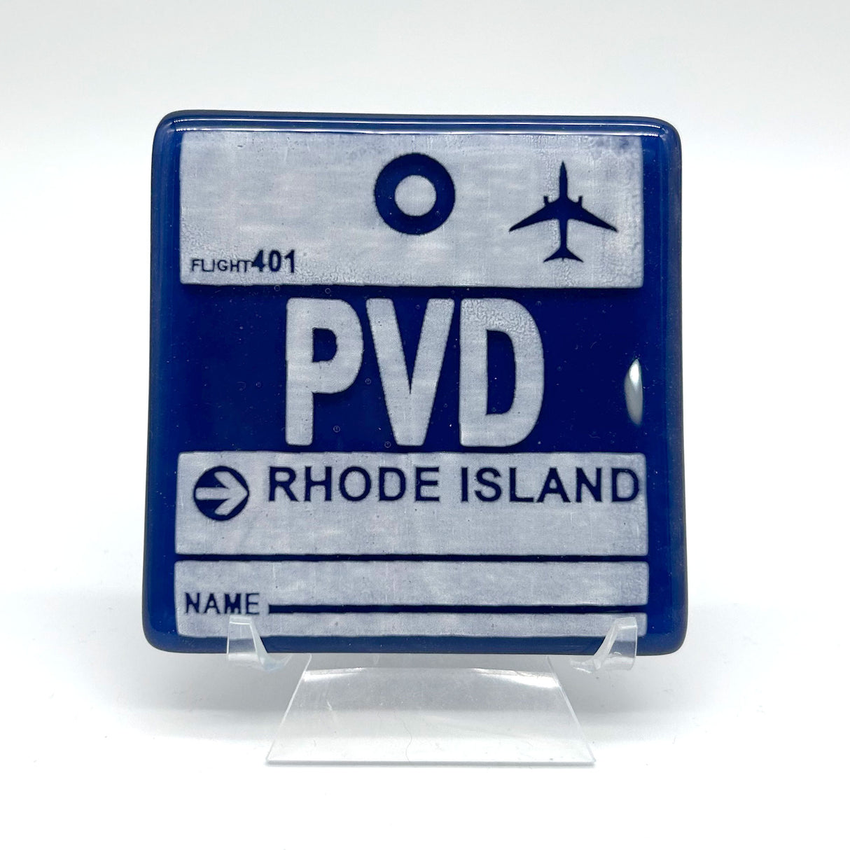 Rhode Island PVD Vintage Luggage Tag 4" Fused Glass Coaster