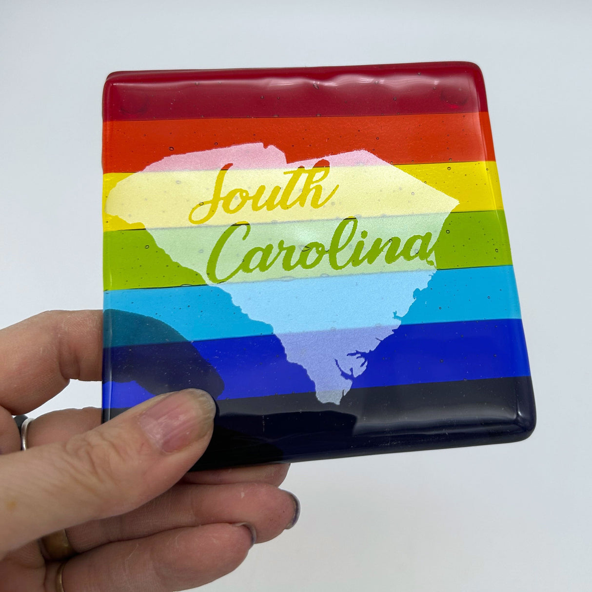 US States Fused Glass 4" Single Coaster - Rainbow Pride or Single Color Background - made to order