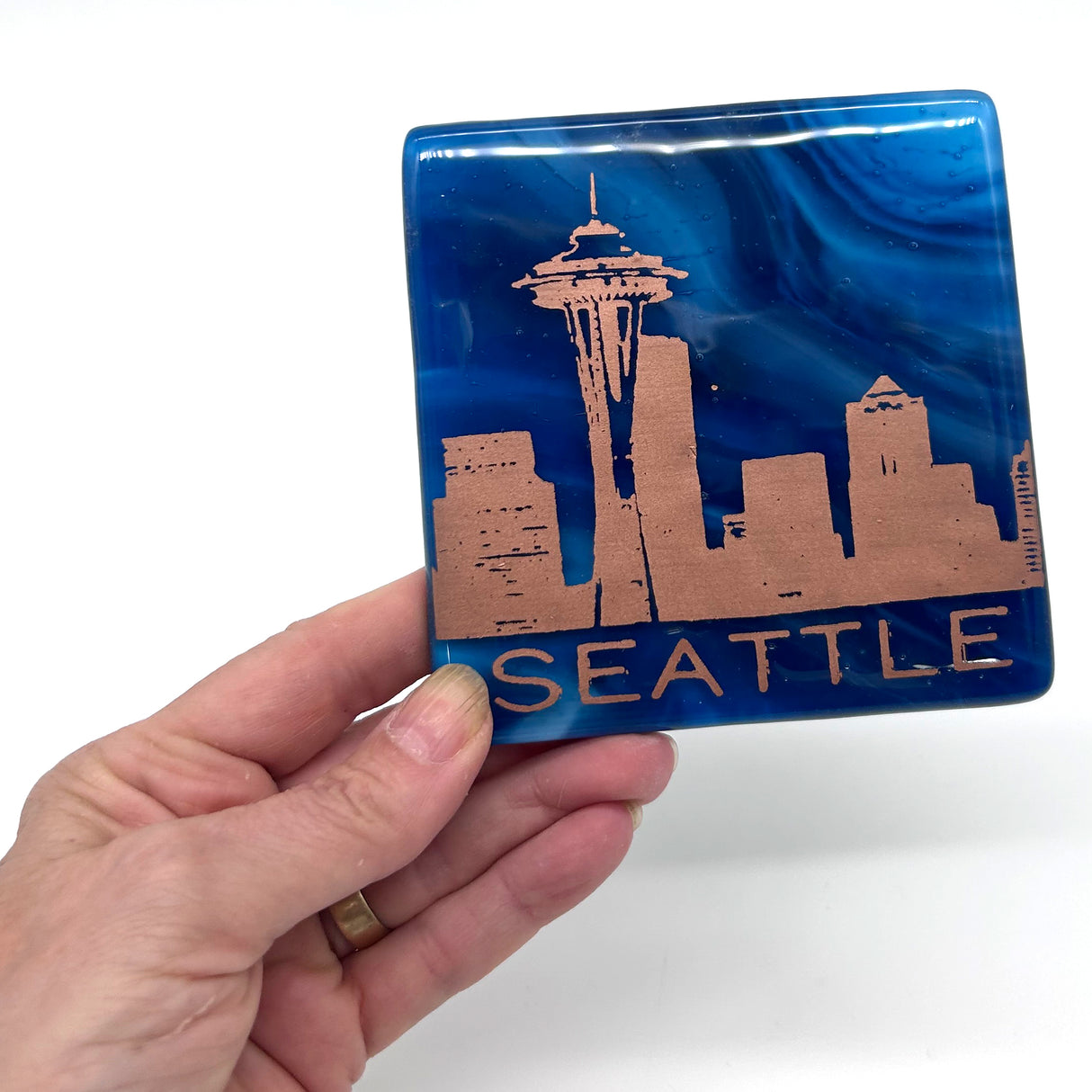 Seattle Sunset Skyline Fused Glass 4" Single Coaster - made to order