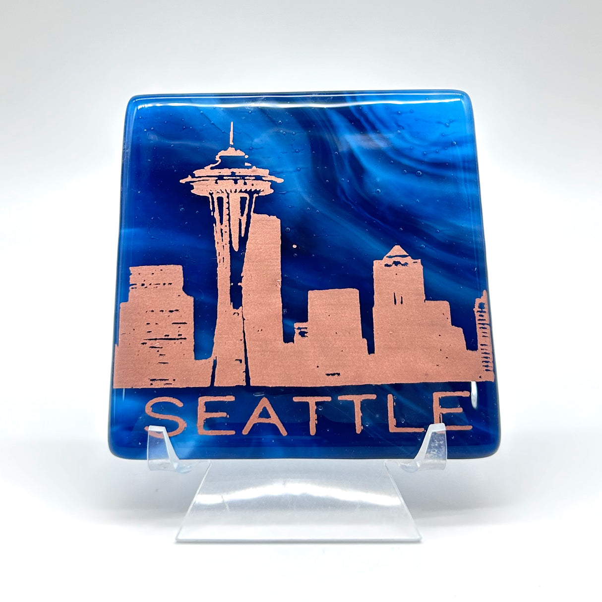 Seattle Sunset Skyline Fused Glass 4" Single Coaster - made to order