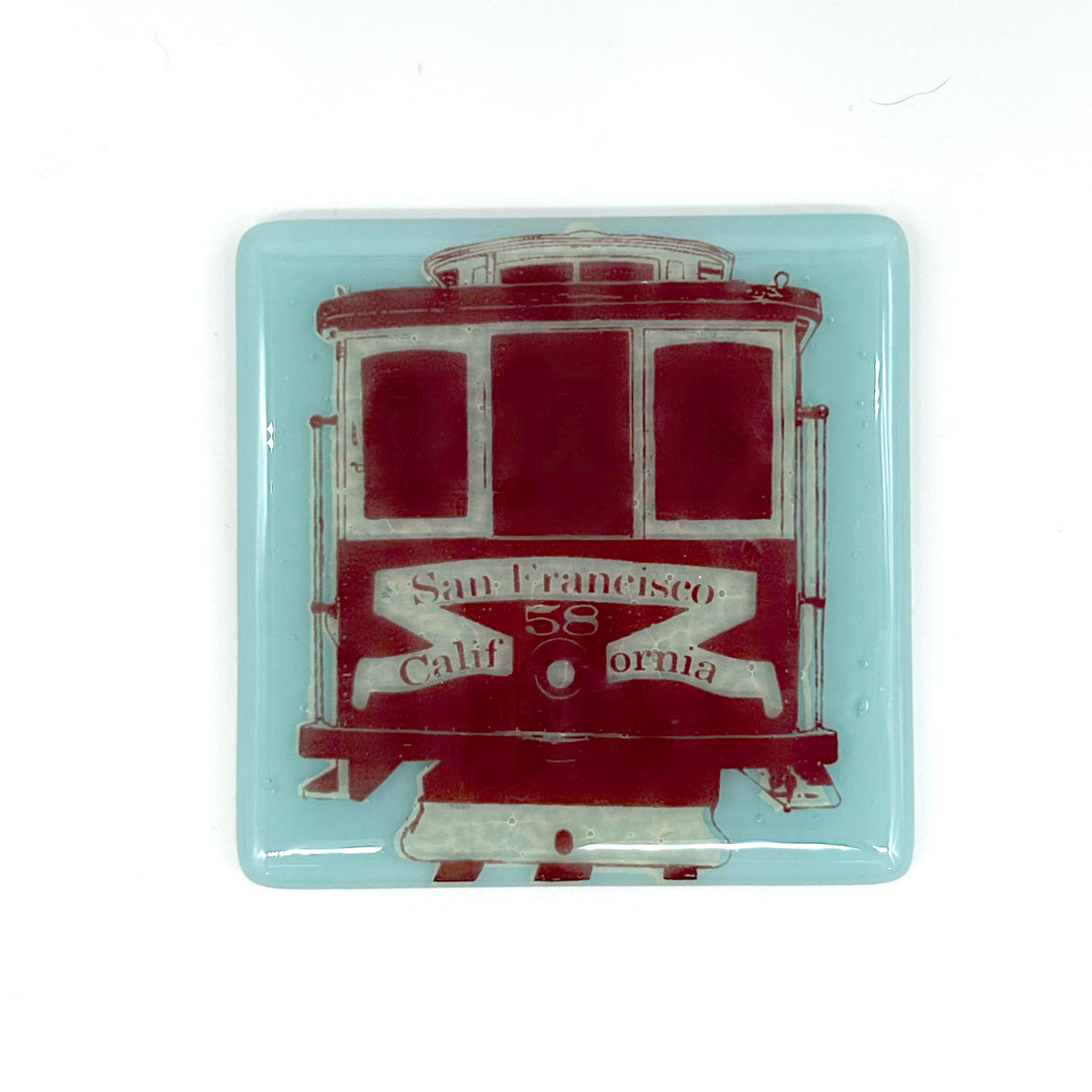 San Francisco Cable Car Fused Glass 4" Single Coaster - made to order