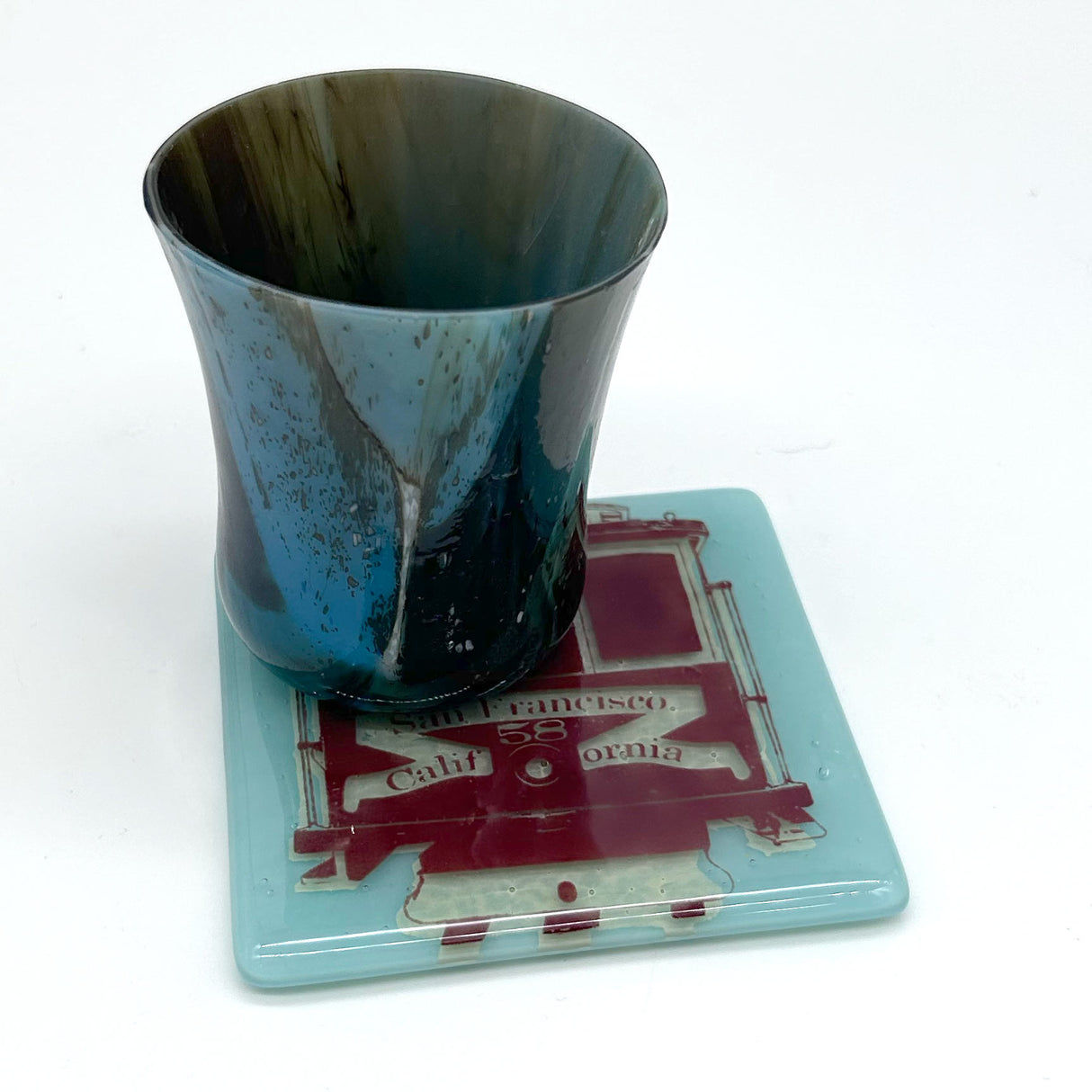 San Francisco Cable Car Fused Glass 4" Single Coaster - made to order