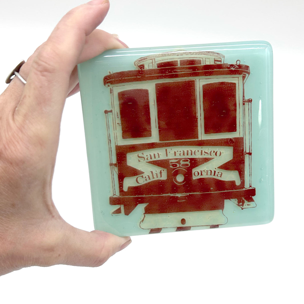 San Francisco Cable Car Fused Glass 4" Single Coaster - made to order
