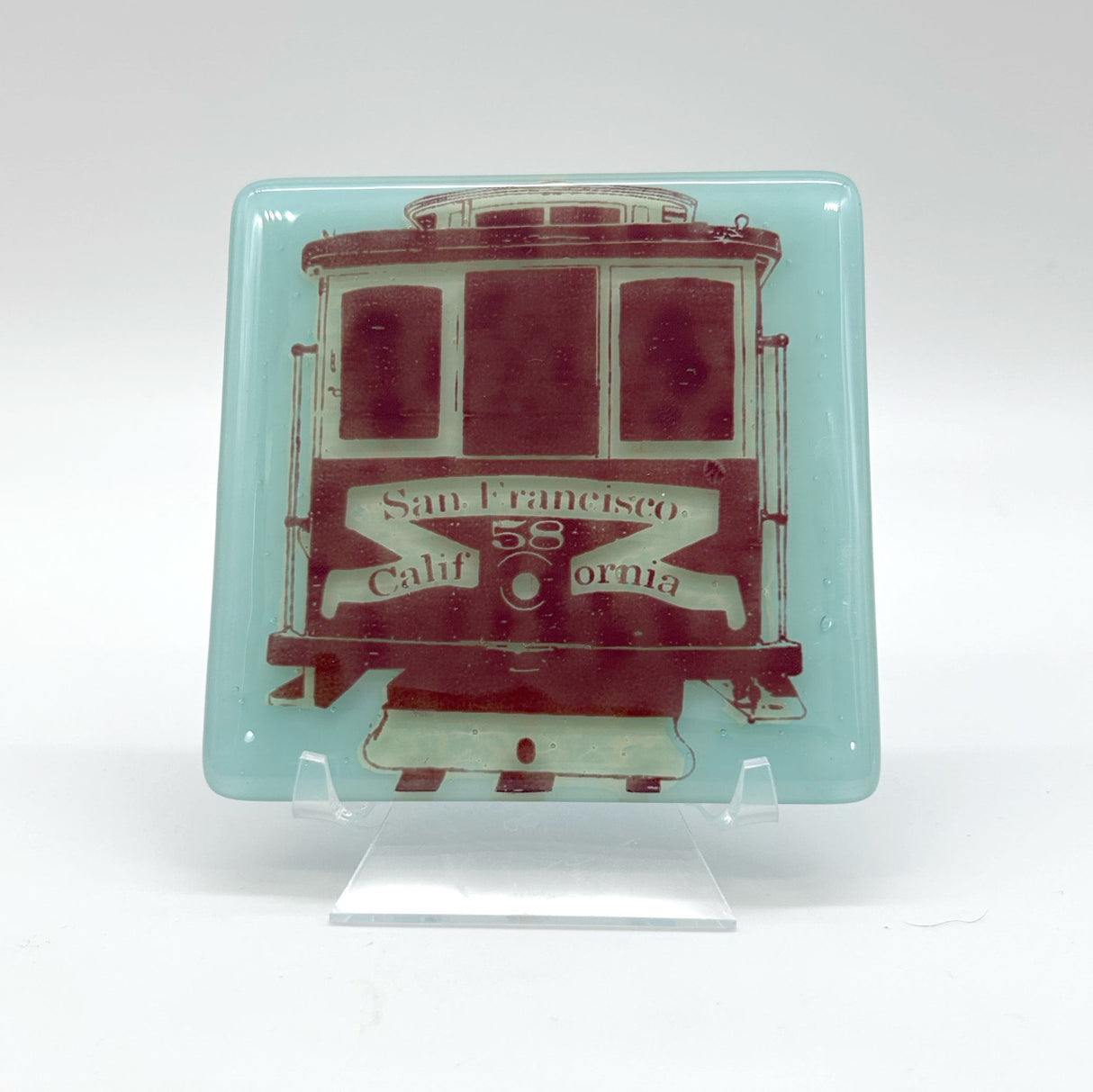 San Francisco Cable Car Fused Glass 4" Single Coaster - made to order