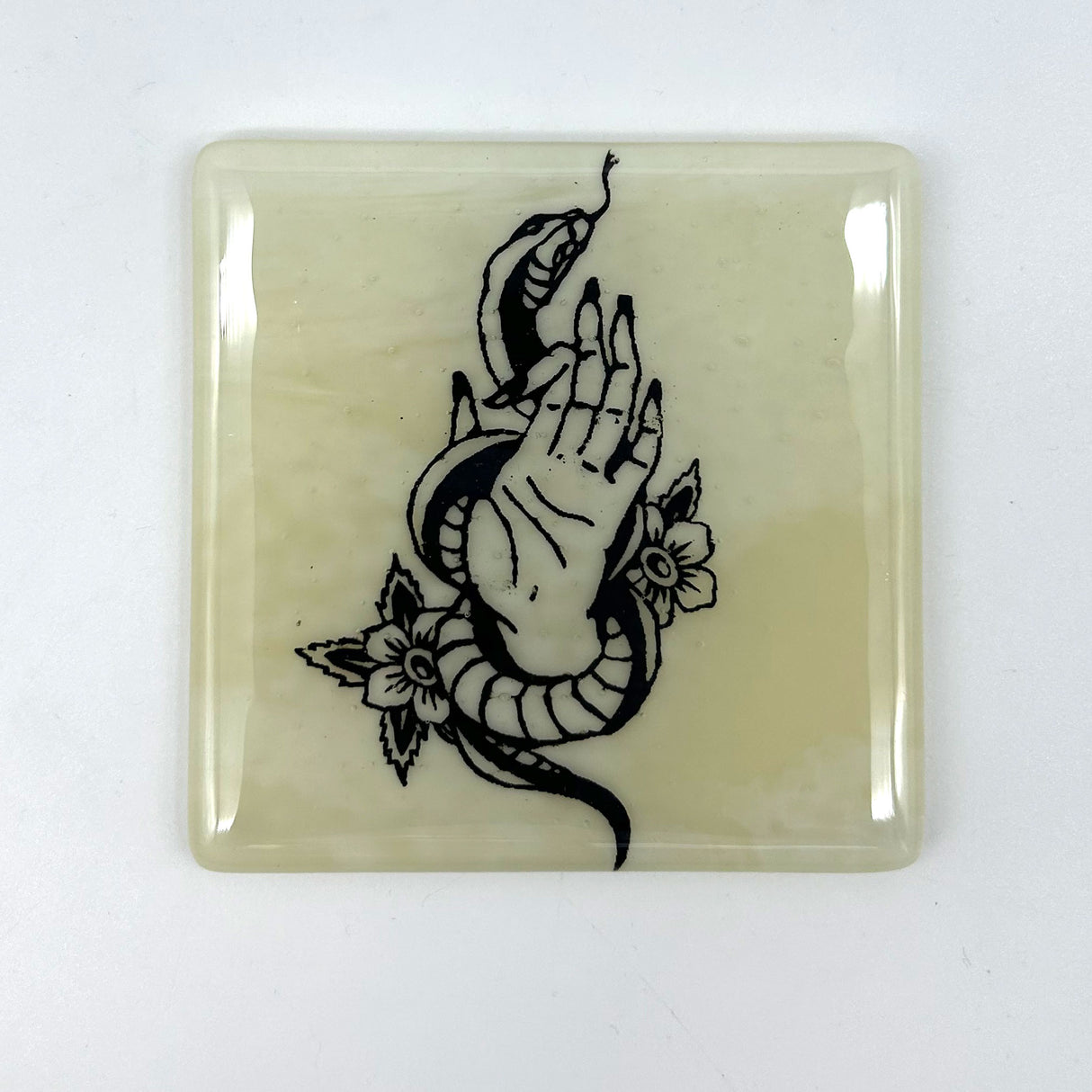 Snake Tattoo 4" Handmade Fused Glass Bar Coaster