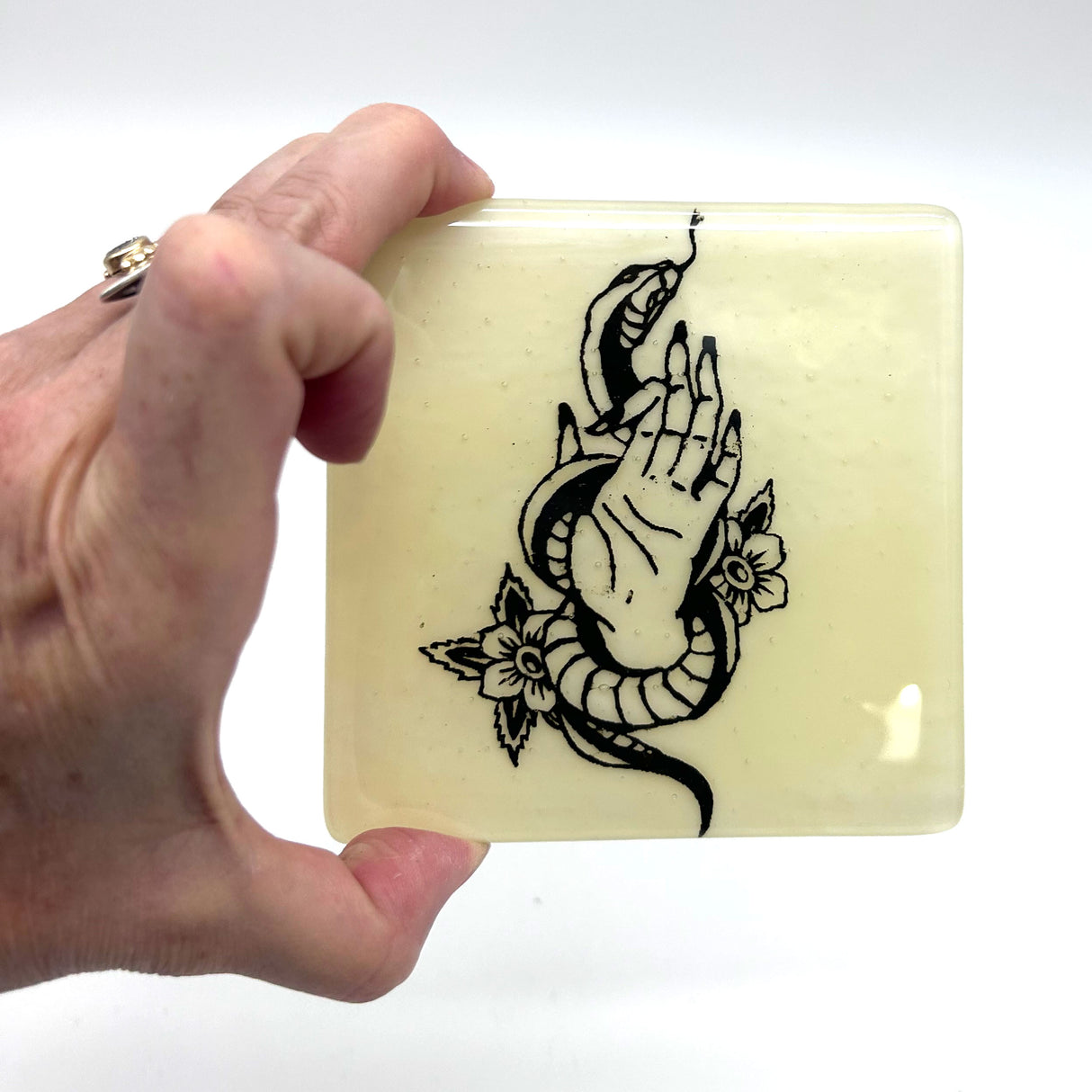 Snake Tattoo 4" Handmade Fused Glass Bar Coaster