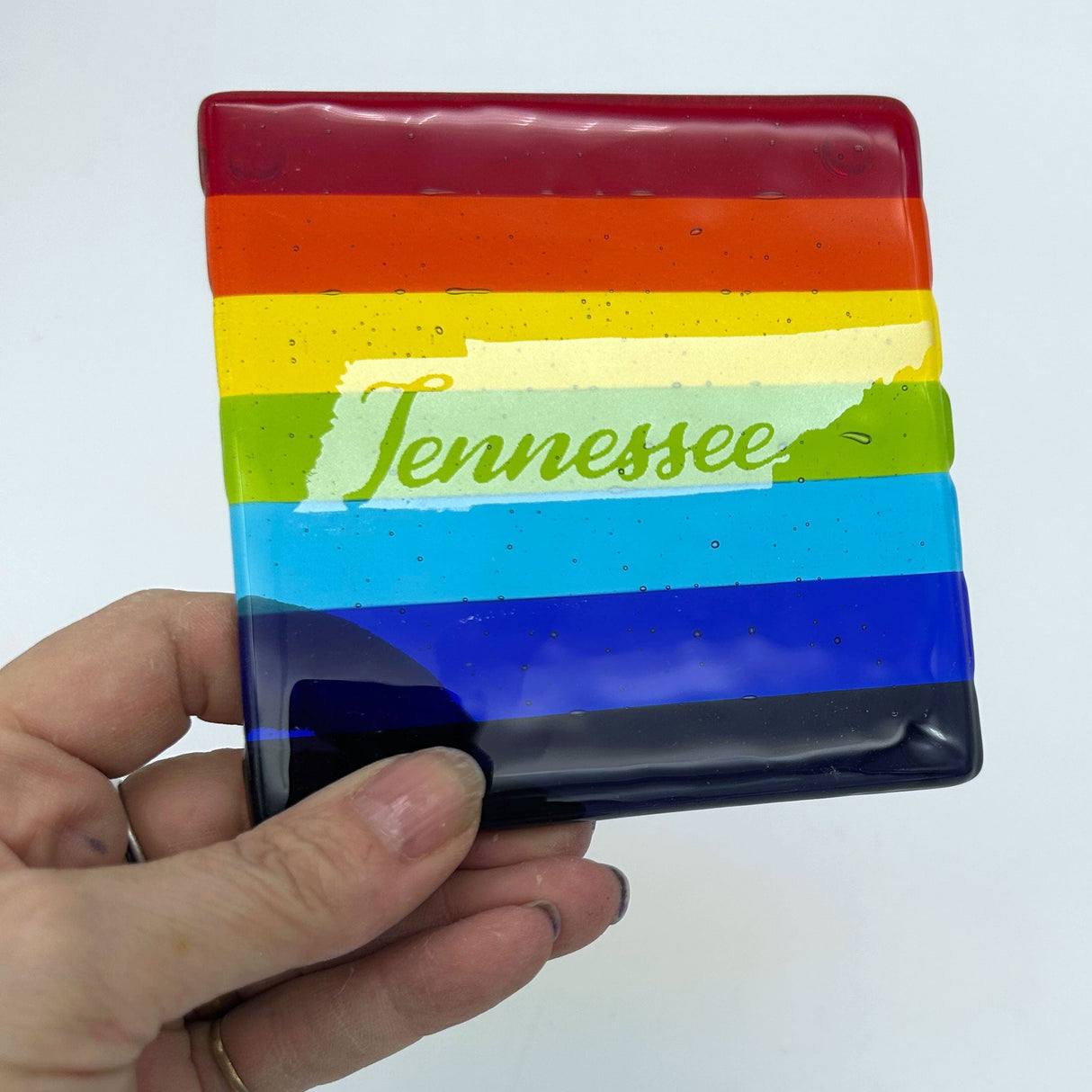 US States Fused Glass 4" Single Coaster - Rainbow Pride or Single Color Background - made to order