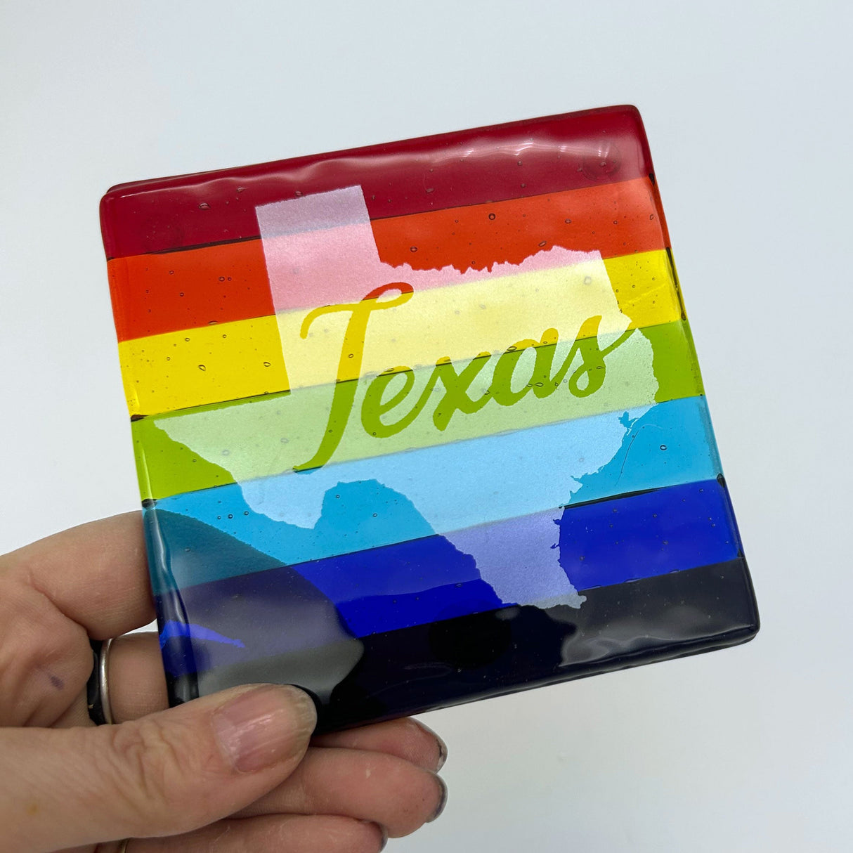 US States Fused Glass 4" Single Coaster - Rainbow Pride or Single Color Background - made to order