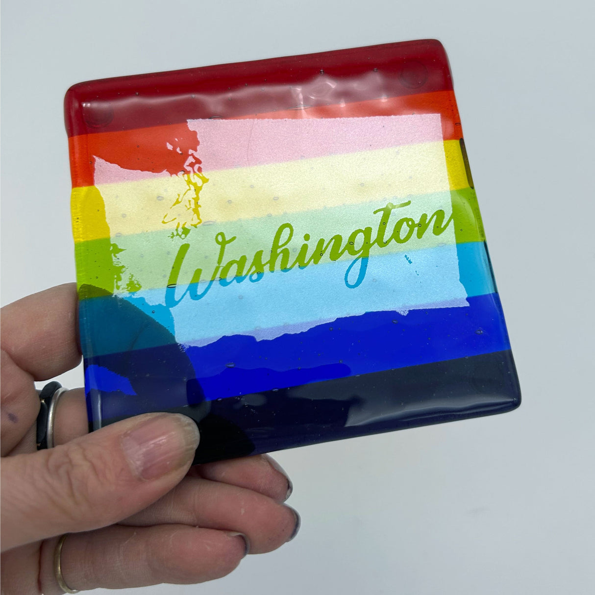 US States Fused Glass 4" Single Coaster - Rainbow Pride or Single Color Background - made to order
