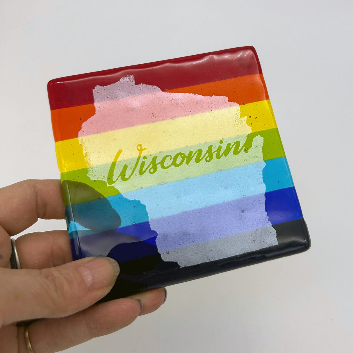 US States Fused Glass 4" Single Coaster - Rainbow Pride or Single Color Background - made to order