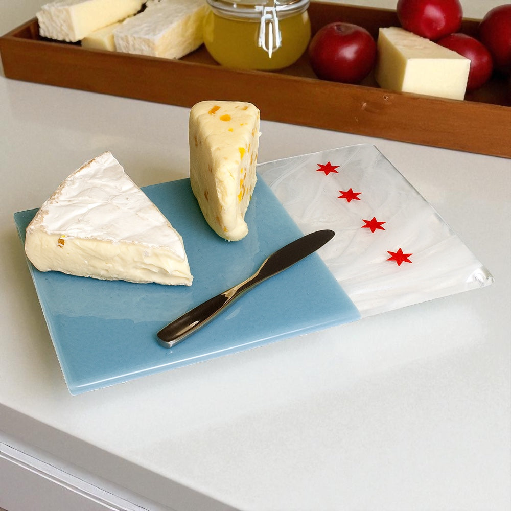 Chicago Flag 7x11" Fused Glass Cheese Plate