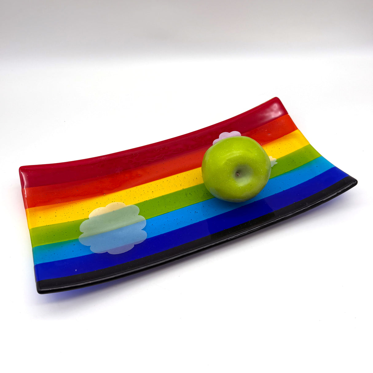Rainbow Silver Lining 15" Long Fused Glass Serving Platter