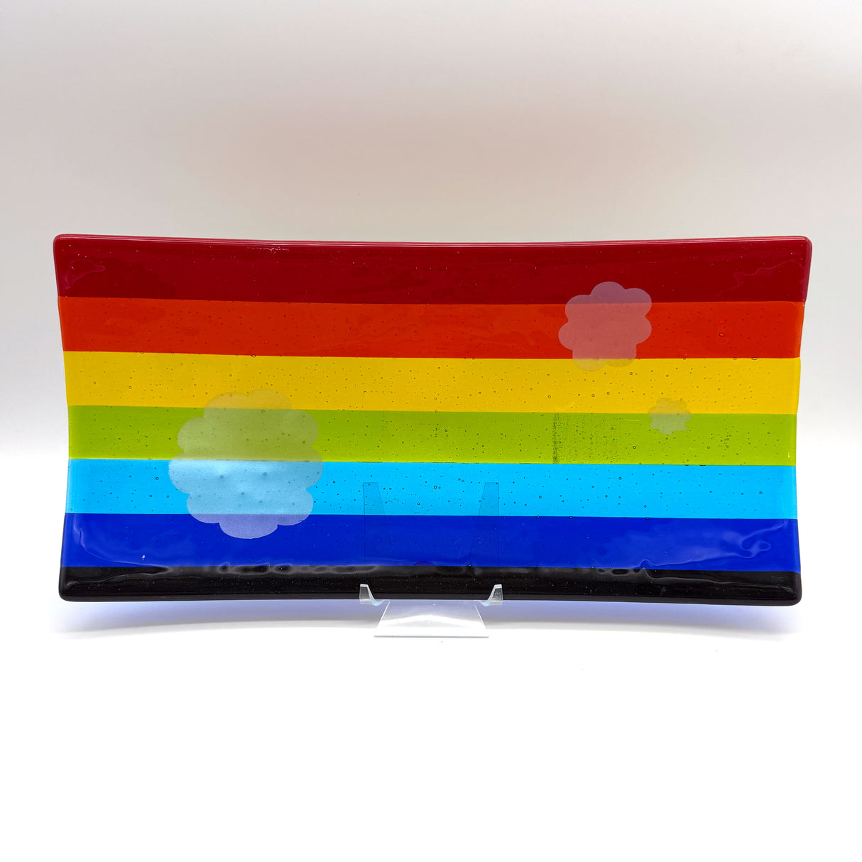 Rainbow Silver Lining 15" Long Fused Glass Serving Platter