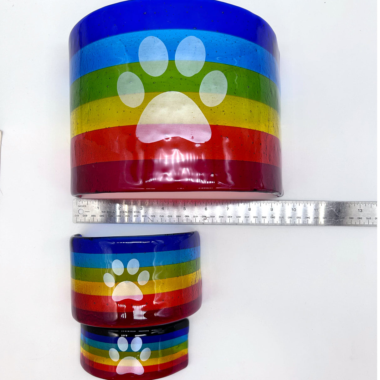 Pawprint Rainbow Fused Glass Bridge Pet Memorial - Medium