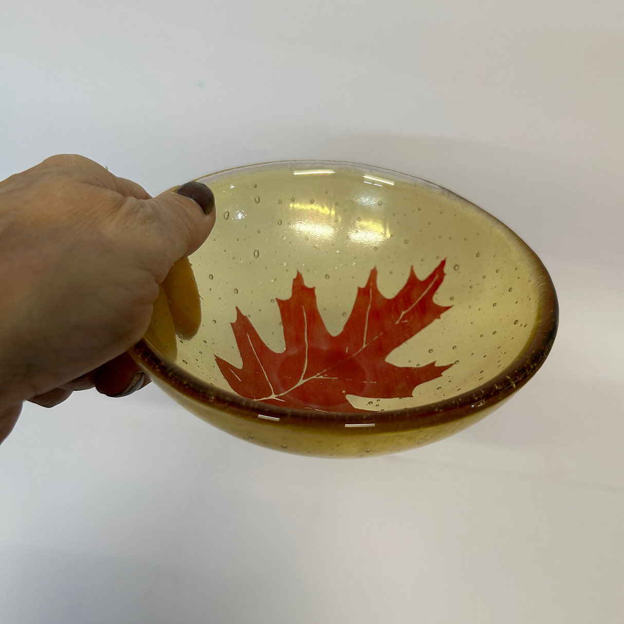 Oak Leaves Fused Glass 5" Small Bowl Discontinued RED