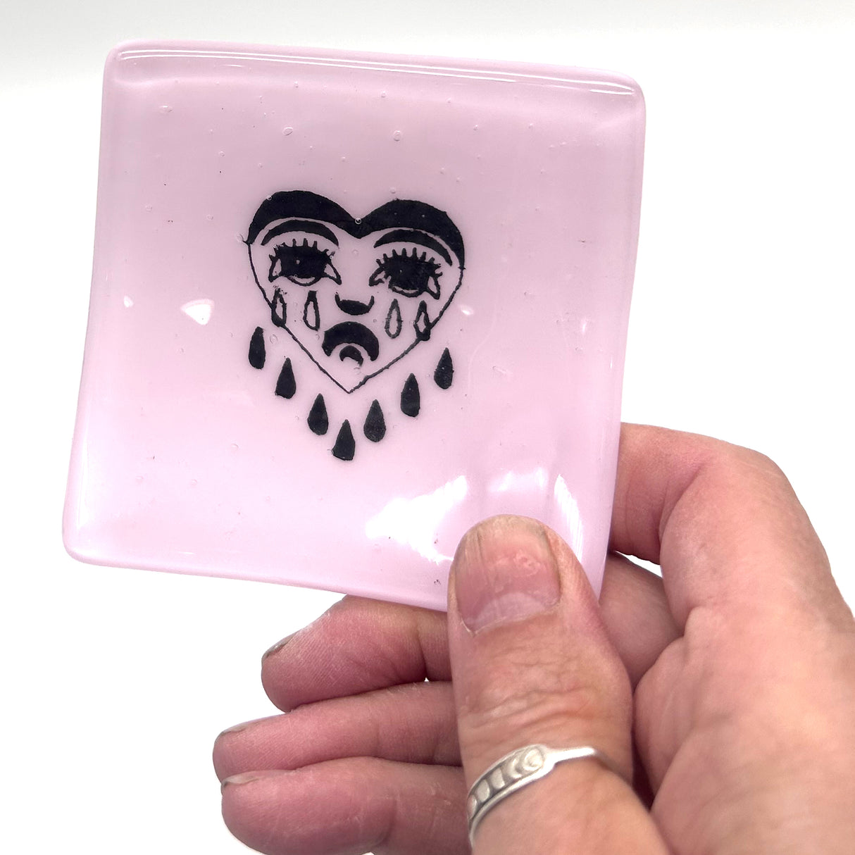 Crying Heart Tattoo Handmade 2.75" Fused Glass Small Dish (discontinued color)