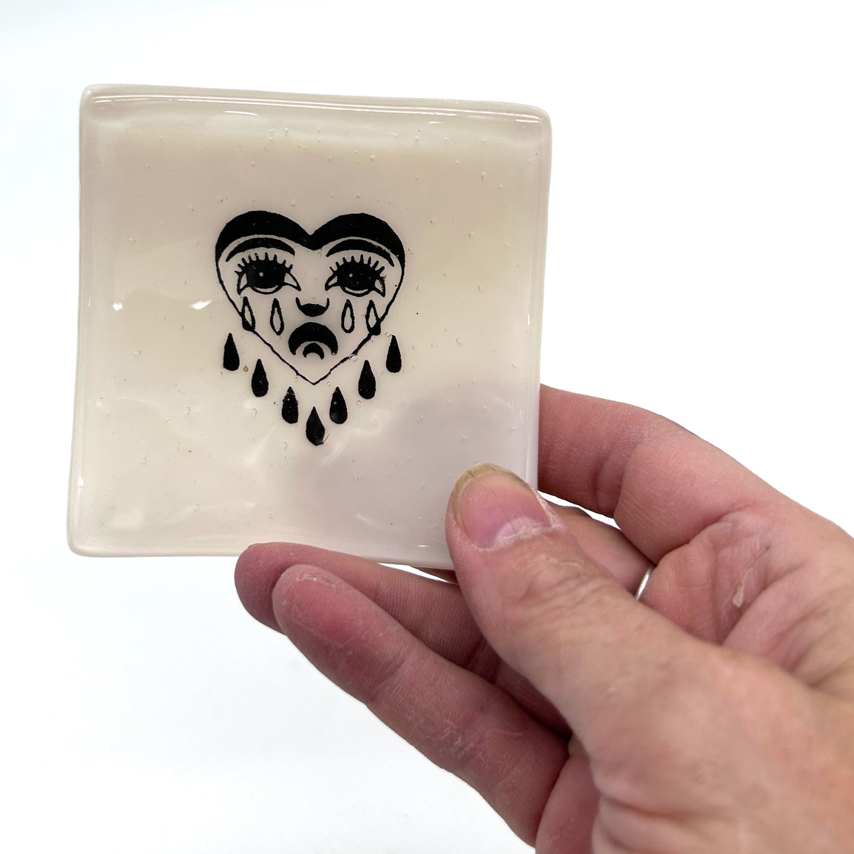 Crying Heart Tattoo Handmade 2.75" Fused Glass Small Dish