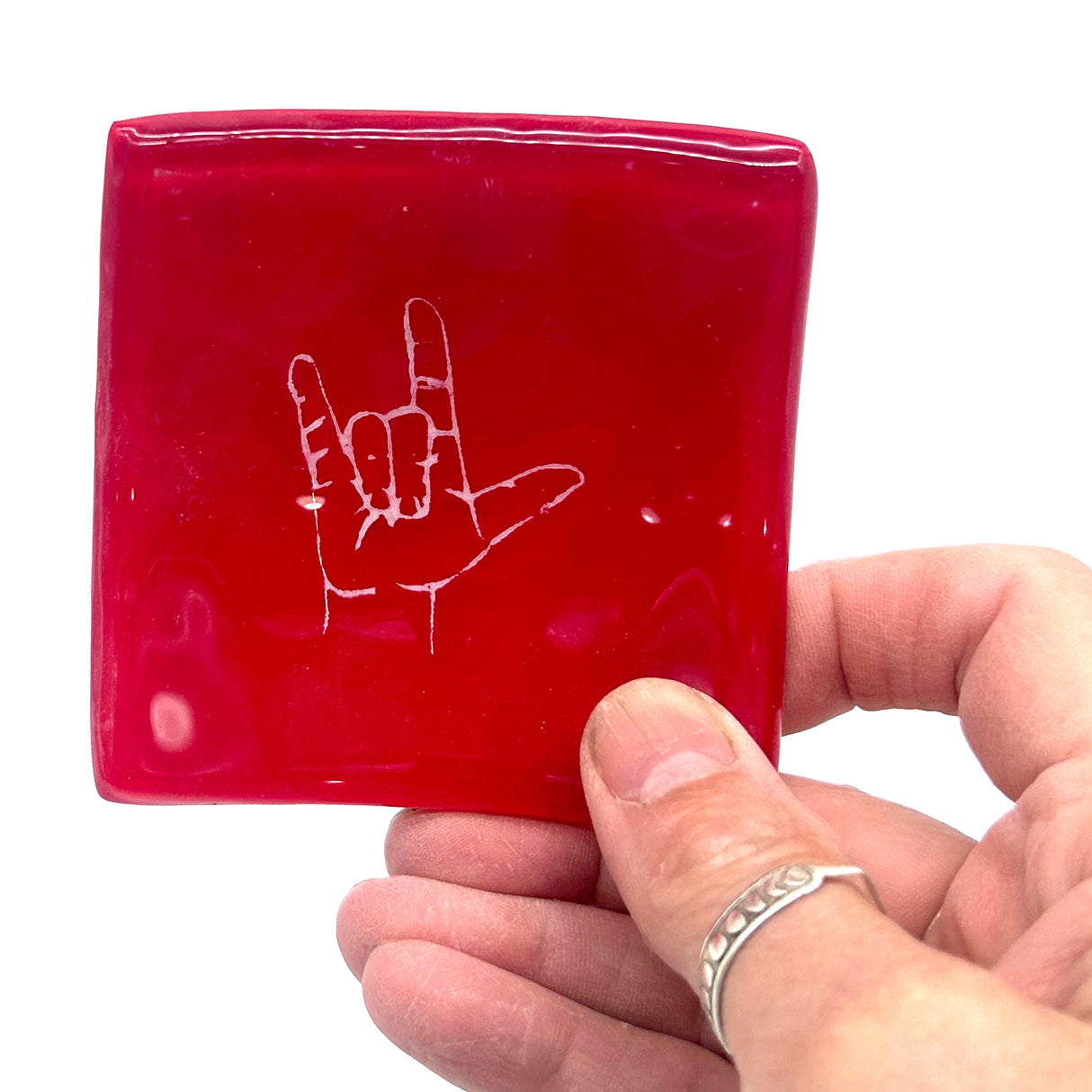 ILY (I Love You hand sign) Handmade 2.75" Fused Glass Small Dish