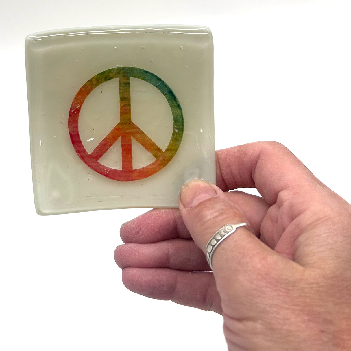 Rainbow Peace Sign Handmade 2.75" Fused Glass Small Dish