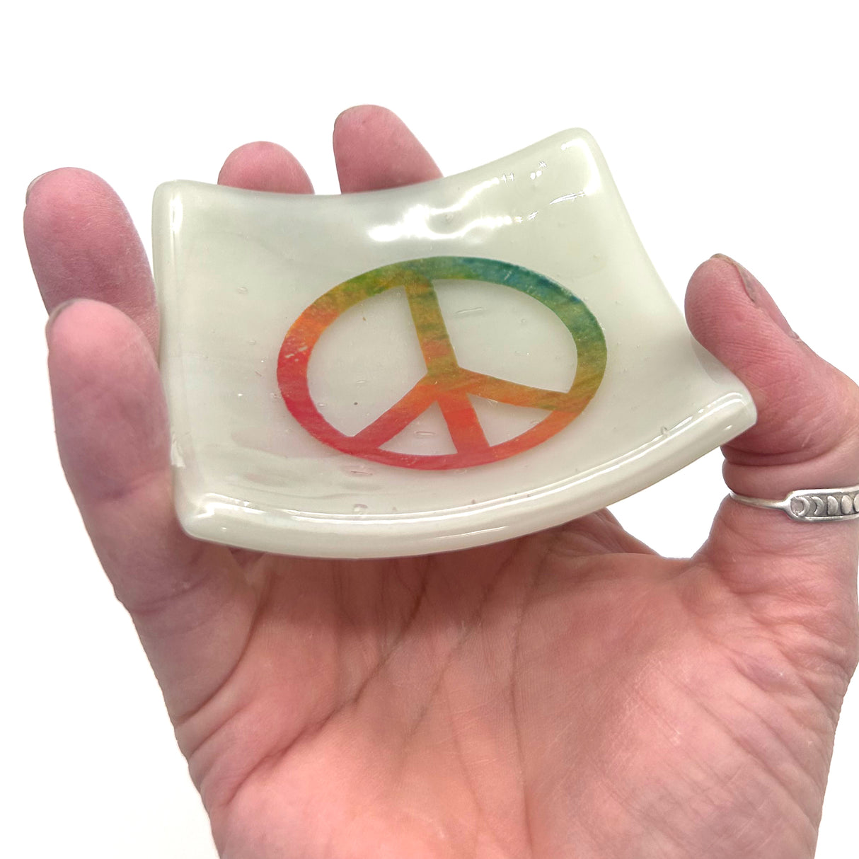 Rainbow Peace Sign Handmade 2.75" Fused Glass Small Dish