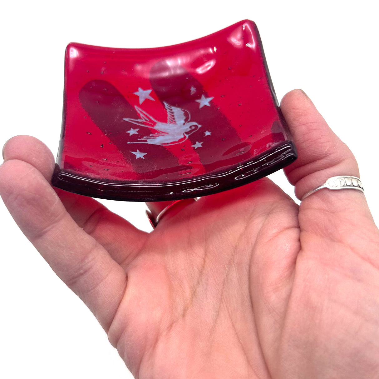 Swallow Tattoo Handmade 2.75" Fused Glass Small Dish