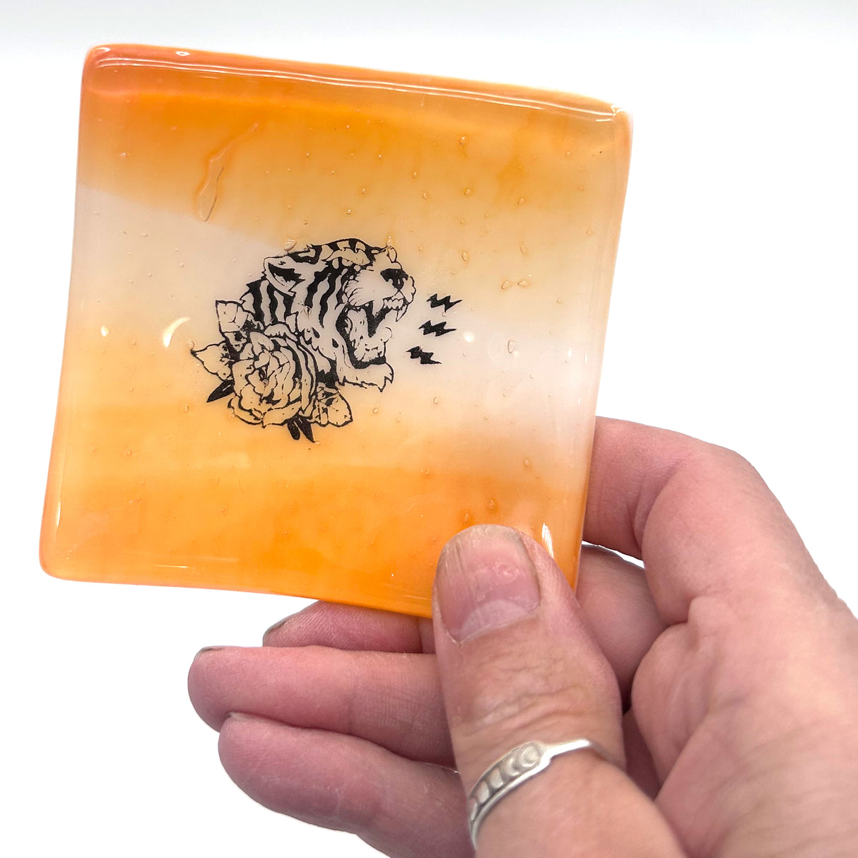 Tiger Tattoo Handmade 2.75" Fused Glass Small Dish