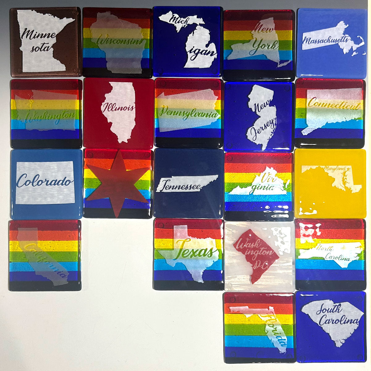 US States Fused Glass 4" Single Coaster - Rainbow Pride or Single Color Background - made to order
