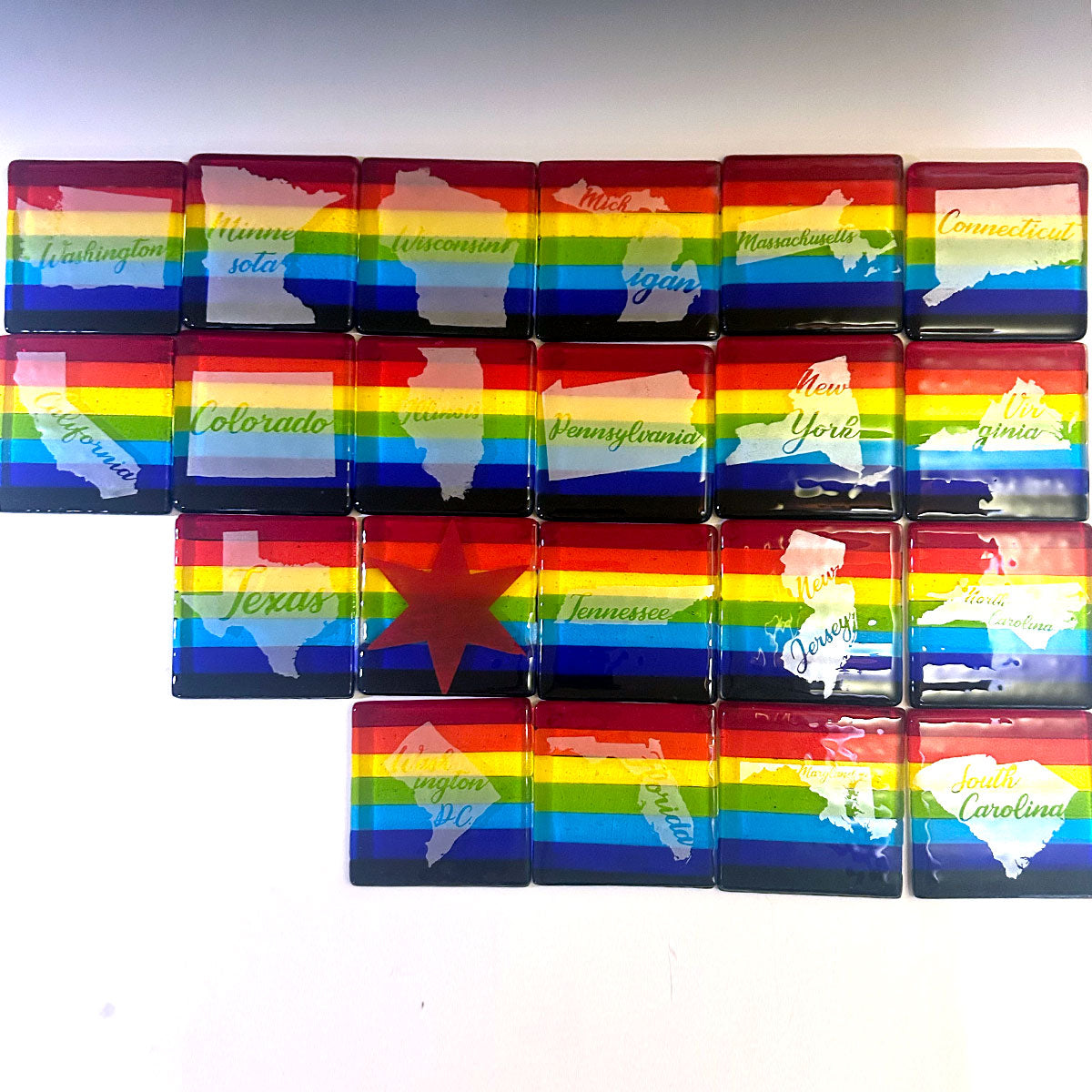 US States Fused Glass 4" Single Coaster - Rainbow Pride or Single Color Background - made to order