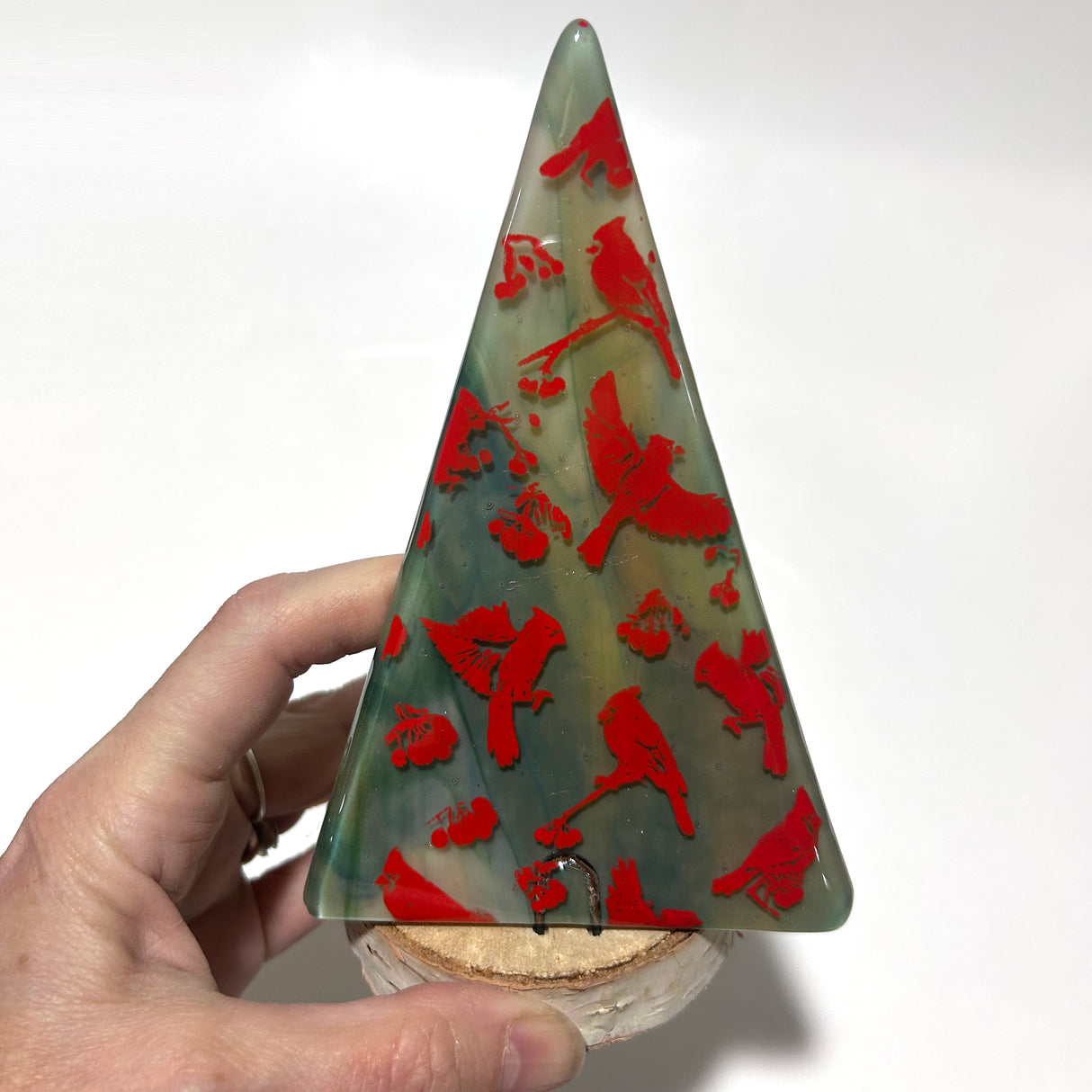 Christmas Tree Fused Glass Candle Stand - Cardinals