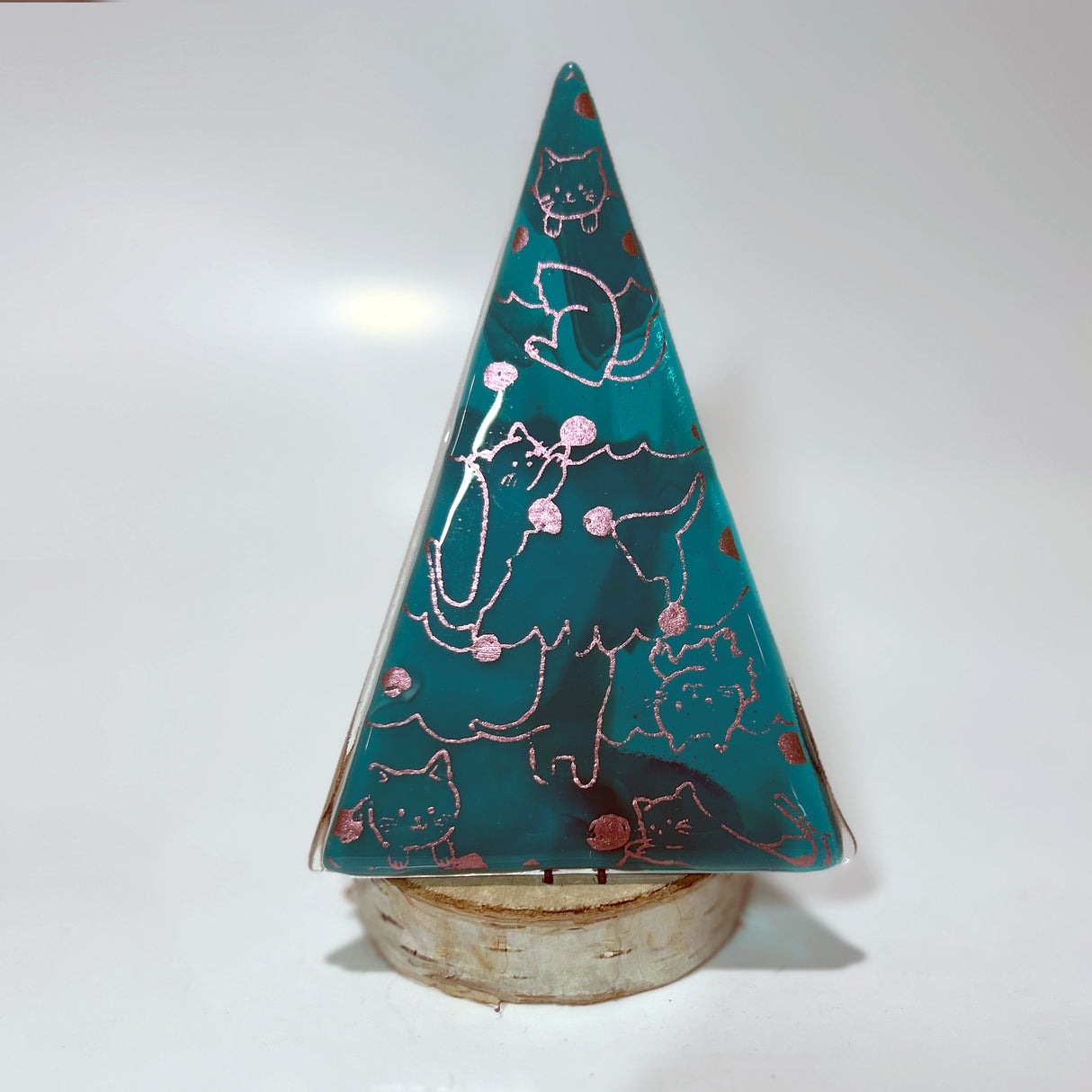 Christmas Tree Fused Glass Candle Stand - Cats