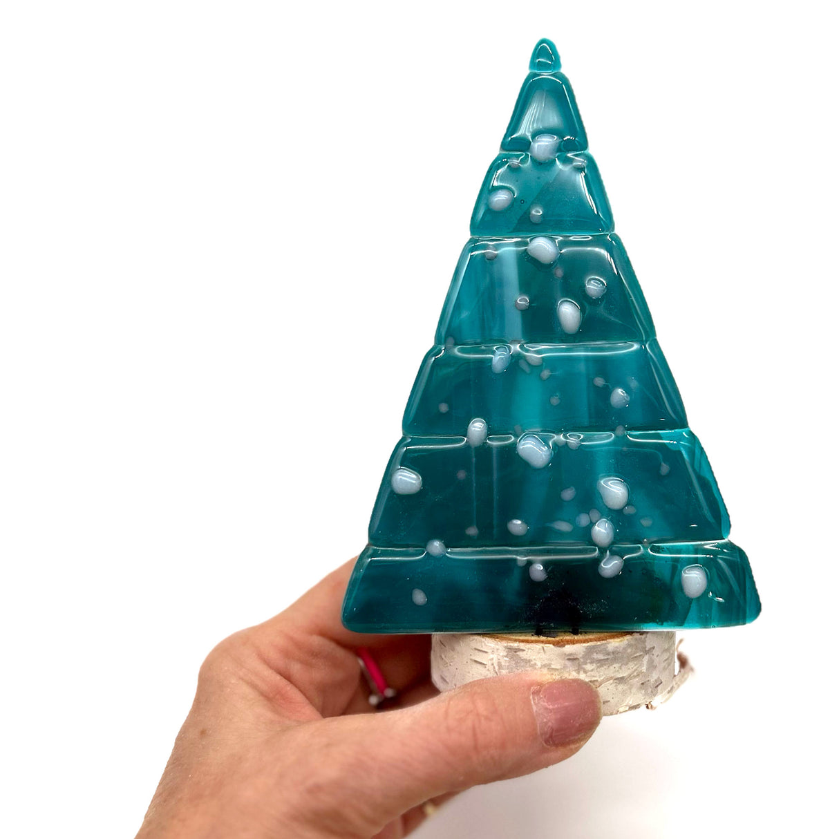 Christmas Tree Fused Glass Candle Stand - Peacock Snowflakes