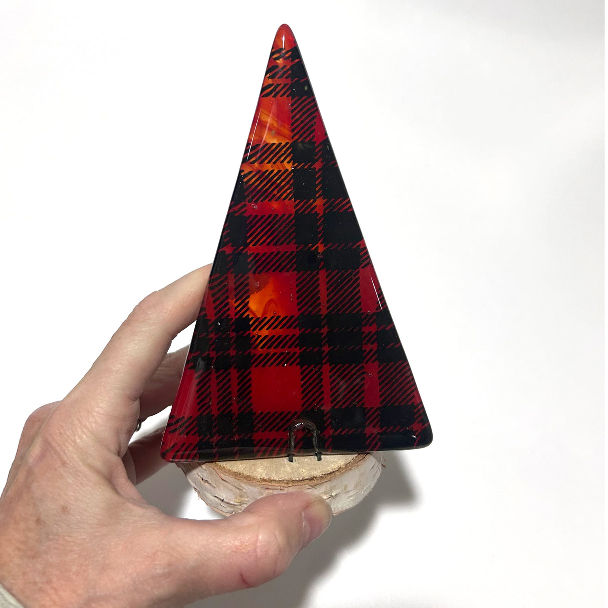 Christmas Tree Fused Glass Candle Stand - Plaid