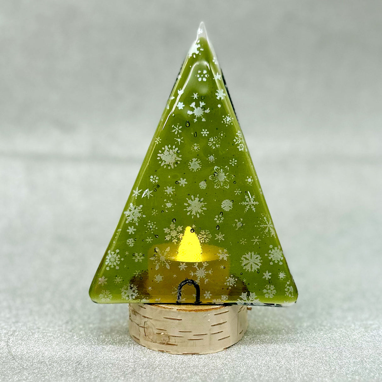 Christmas Tree Fused Glass Candle Stand  - Silver Snowflakes