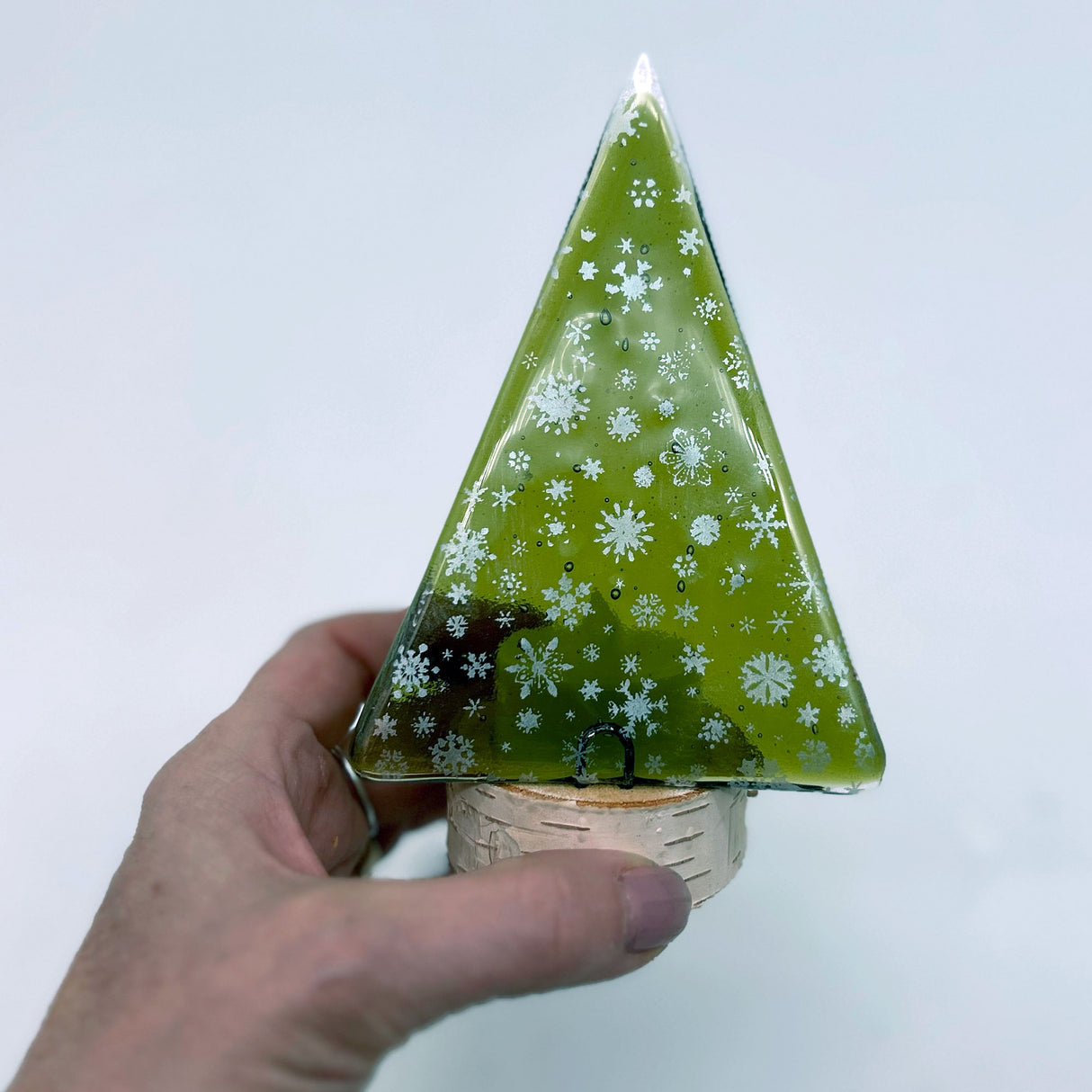Christmas Tree Fused Glass Candle Stand  - Silver Snowflakes