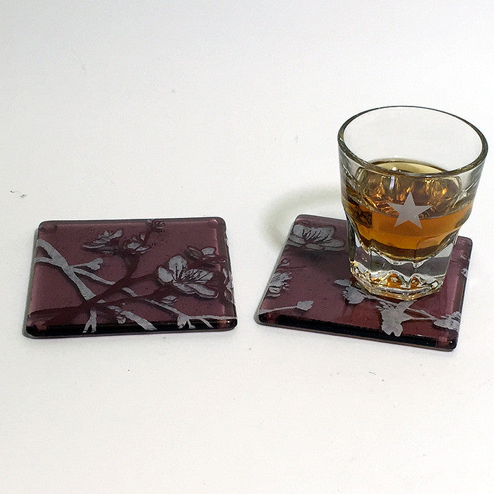 Cherry Blossom Fused Glass 4" Coaster 2-pack